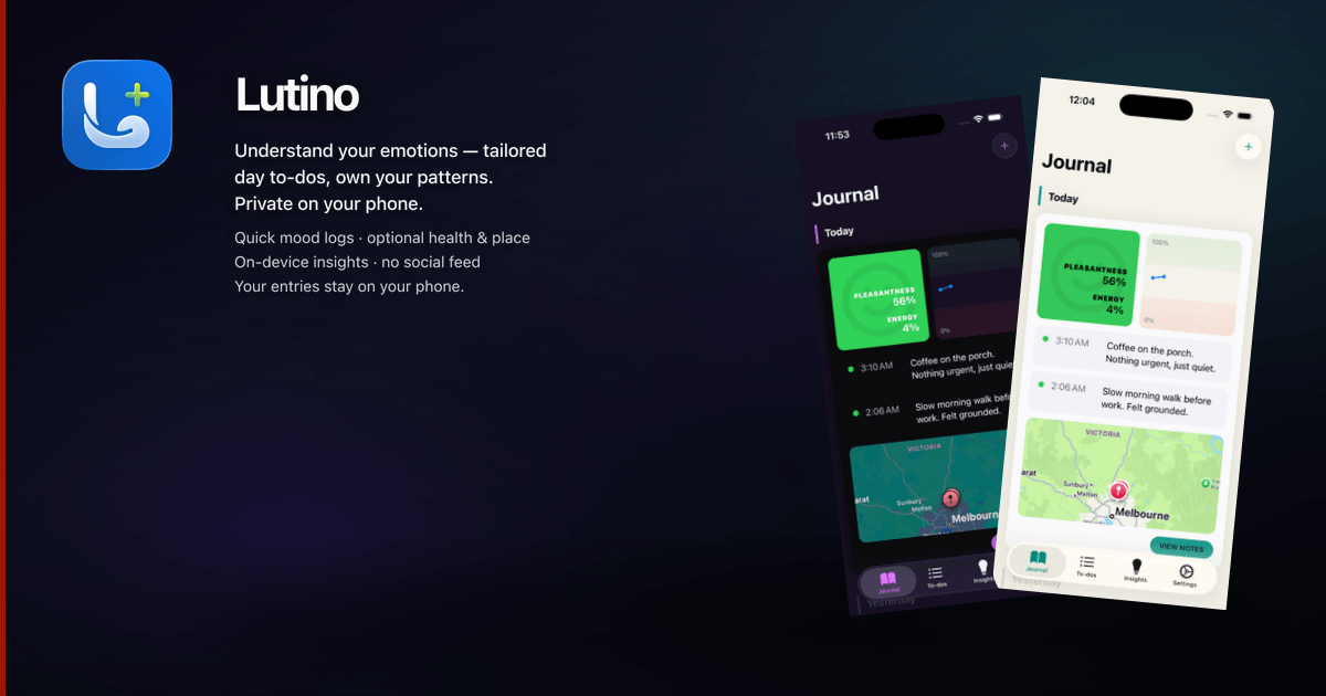 Lutino — Journal in light and dark, with tagline